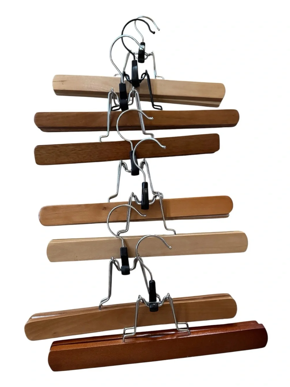 Set of 7 Wooden Clamp Hangers Assorted Wood Skirt Pants Closet Storage